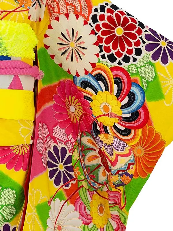 七五三レンタル(7歳女児結び帯) ／黄色×手まり菊 7002