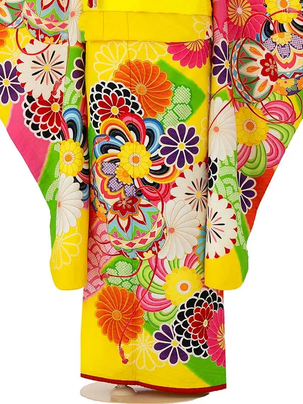 七五三レンタル(7歳女児結び帯) ／黄色×手まり菊 7002