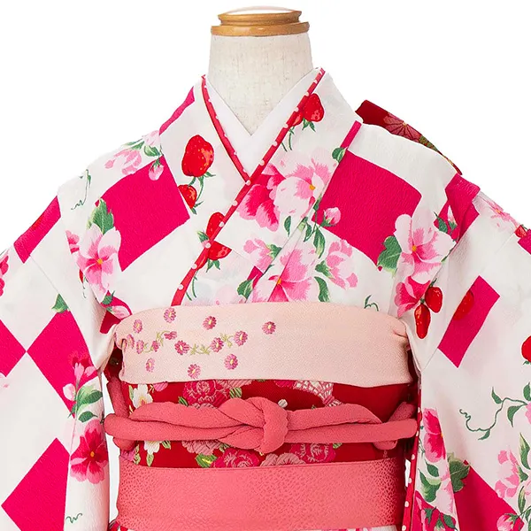 七五三レンタル(7歳女児結び帯) 松田聖子／白×赤桜苺 D701