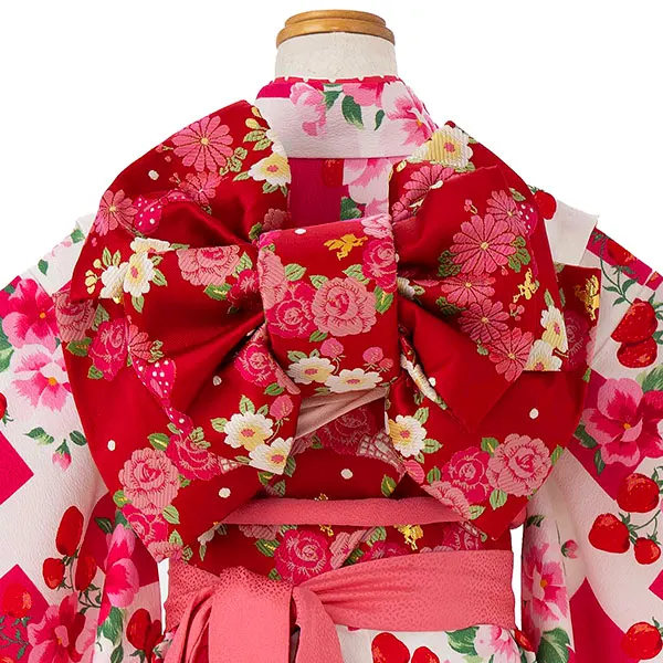 七五三レンタル(7歳女児結び帯) 松田聖子／白×赤桜苺 D701