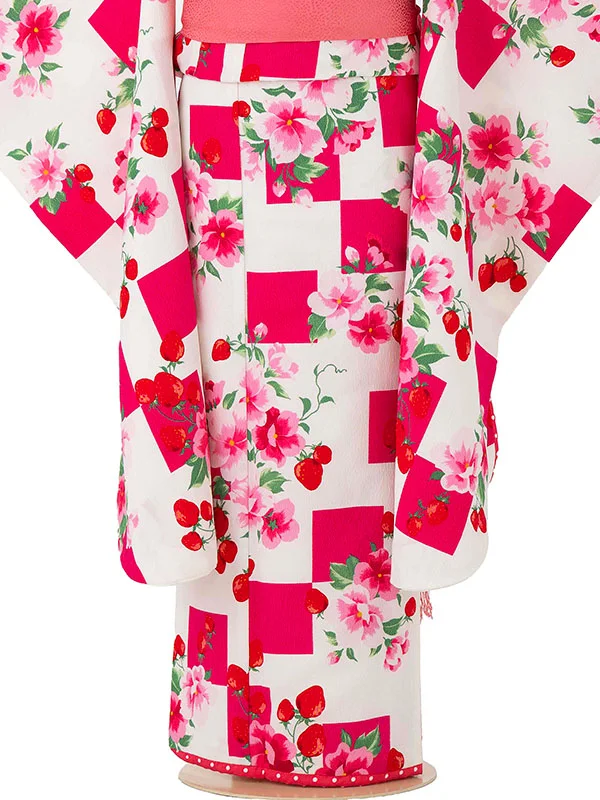 七五三レンタル(7歳女児結び帯) 松田聖子／白×赤桜苺 D701