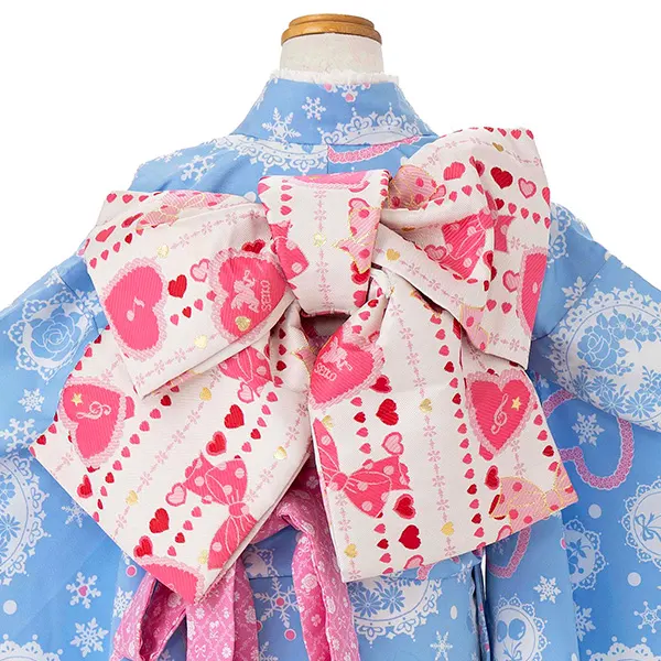 七五三レンタル(7歳女児結び帯) 松田聖子／水色×ハート薔薇 D715