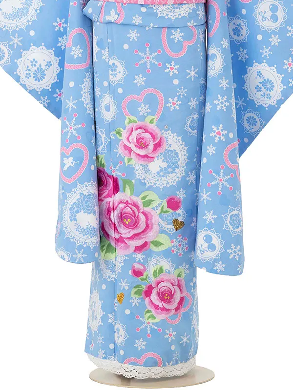 七五三レンタル(7歳女児結び帯) 松田聖子／水色×ハート薔薇 D715