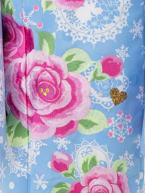 七五三レンタル(7歳女児結び帯) 松田聖子／水色×ハート薔薇 D715