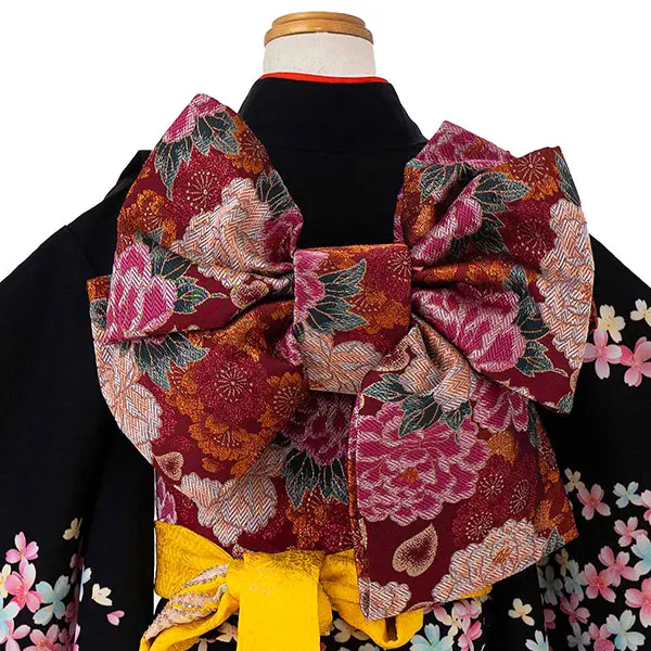 七五三レンタル(7歳女児結び帯) ／黒×牡丹桜 D722