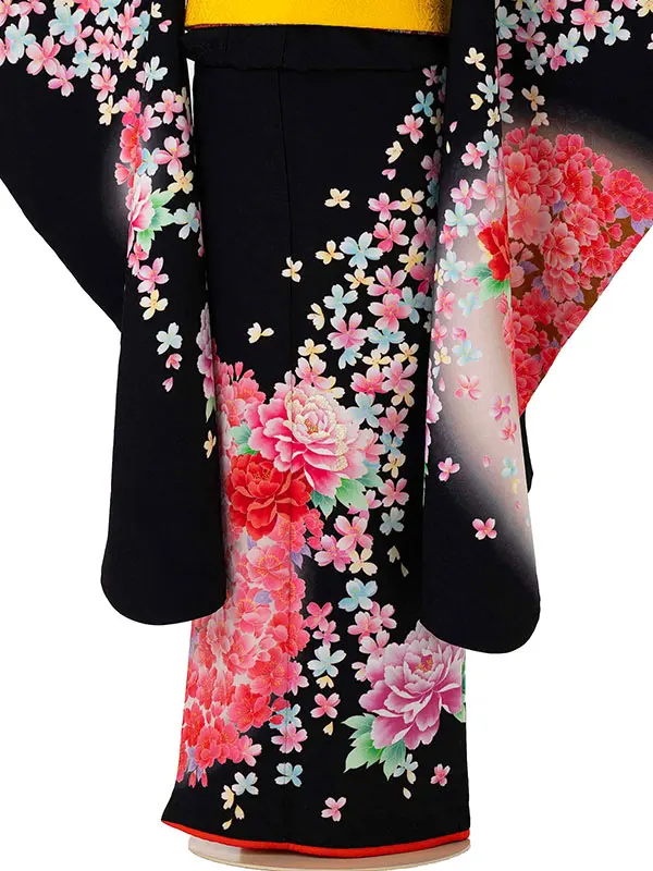 七五三レンタル(7歳女児結び帯) ／黒×牡丹桜 D722