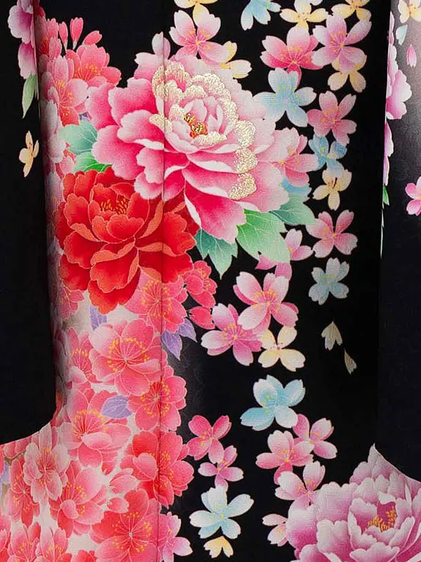 七五三レンタル(7歳女児結び帯) ／黒×牡丹桜 D722