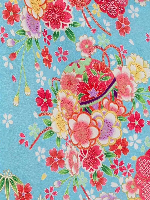 七五三レンタル(6歳7歳女児結び帯) ／水色×桜梅まり E718