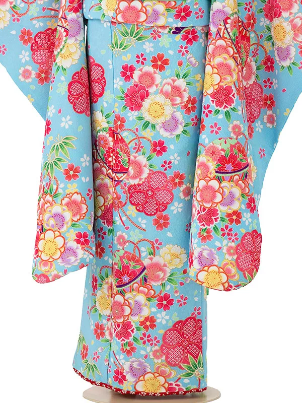 七五三レンタル(6歳7歳女児結び帯) ／水色×桜梅まり E718