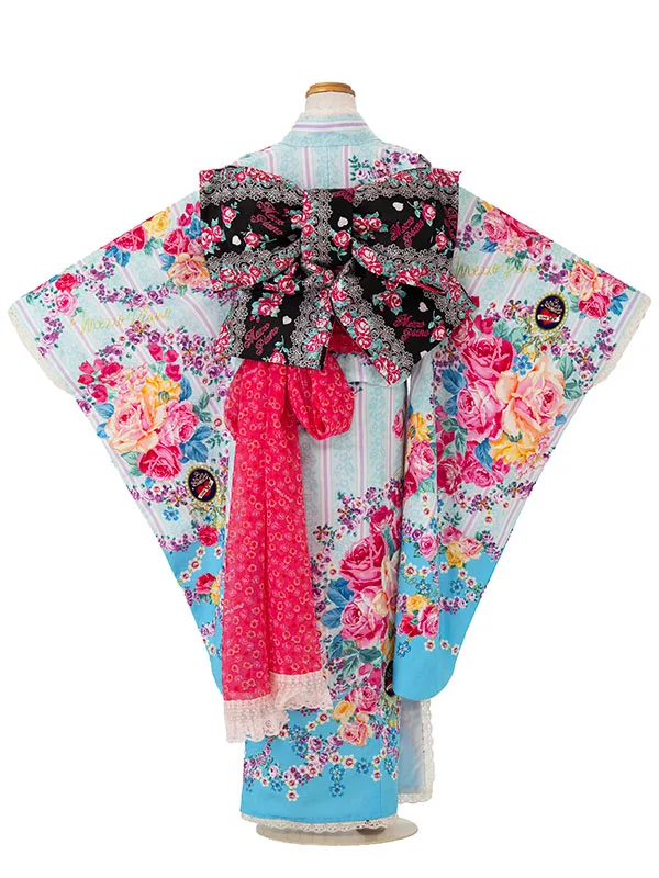 七五三レンタル(7歳女児結び帯) ﾒｿﾞﾋﾟｱﾉ／水色×ターコイズ薔薇 G008