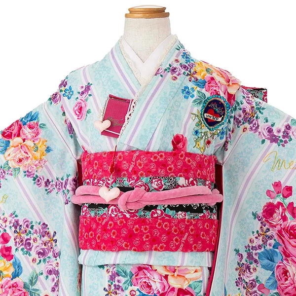 七五三レンタル(7歳女児結び帯) ﾒｿﾞﾋﾟｱﾉ／水色×ターコイズ薔薇 G008