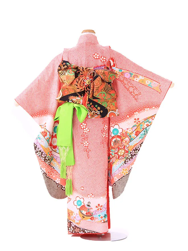 七五三レンタル(6歳7歳女児結び帯) ／赤×黒鼓鹿の子桜 G207