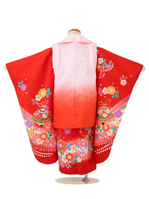 七五三レンタル(3歳女児被布) ピンク×赤 鈴 G395
