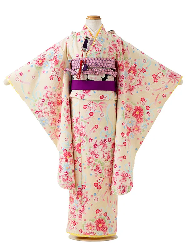 七五三レンタル(6歳7歳女児結び帯)pomponetteベージュ桜兎 G746