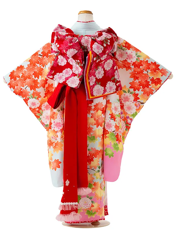 七五三レンタル(7歳女児結び帯)式部浪漫 白 ピンク 桜楓 G747
