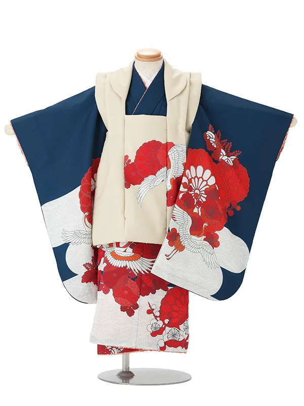 七五三レンタル(3歳女児被布)クリーム色×紺 菊梅に鶴 J667