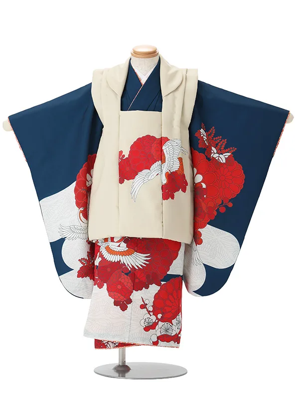 七五三レンタル(3歳女児被布)クリーム色×紺 菊梅に鶴 J667