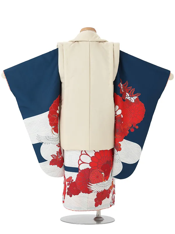 七五三レンタル(3歳女児被布)クリーム色×紺 菊梅に鶴 J667