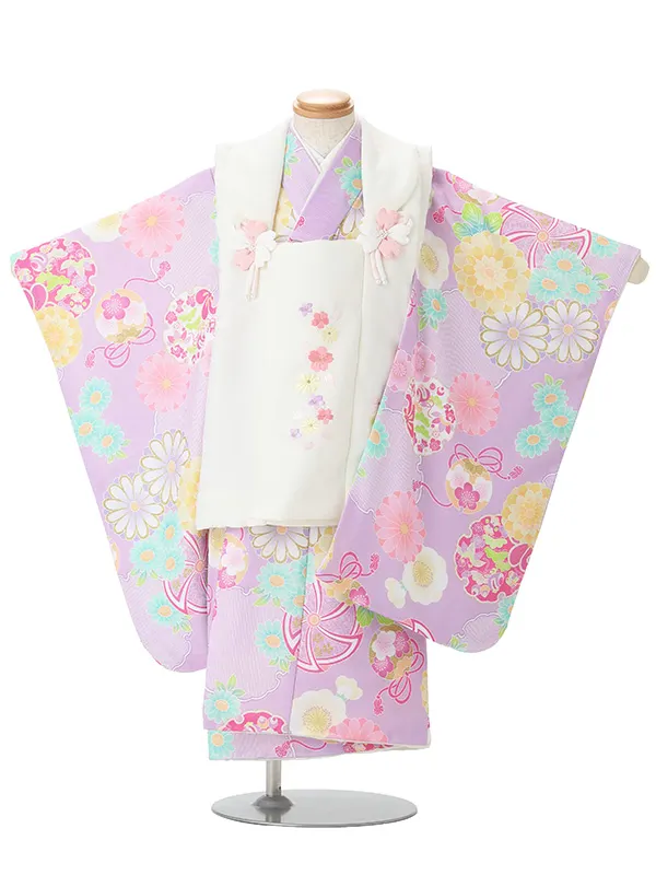七五三レンタル(3歳女児被布)白×藤色 菊に雪輪と鈴 J669
