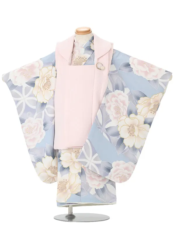 七五三レンタル(3歳女児被布)水色×ピンク 八重桜 J671