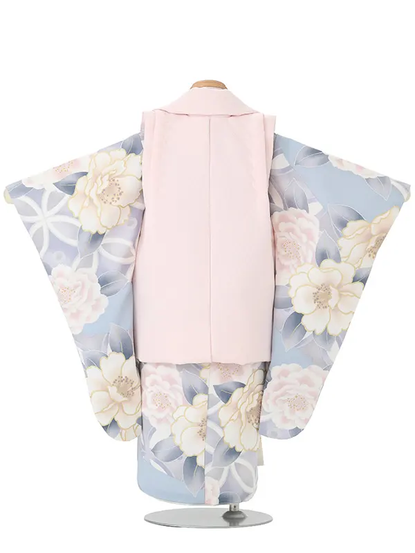 七五三レンタル(3歳女児被布)水色×ピンク 八重桜 J671