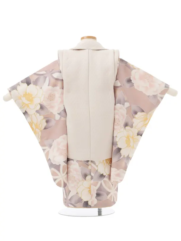 七五三レンタル(3歳女児被布)クリーム色×ピンクベージュ 八重桜 J673