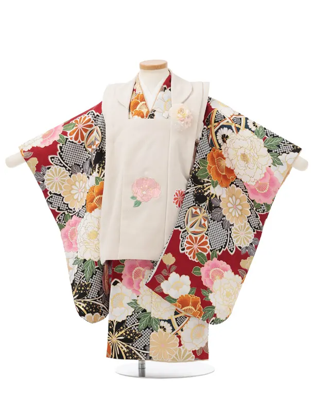 七五三レンタル(3歳女児被布)クリーム色×赤 牡丹 八重桜 J674