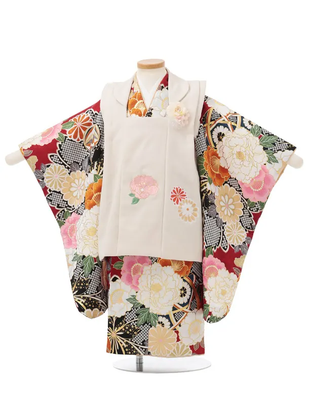 七五三レンタル(3歳女児被布)クリーム色×赤 牡丹 八重桜 J674