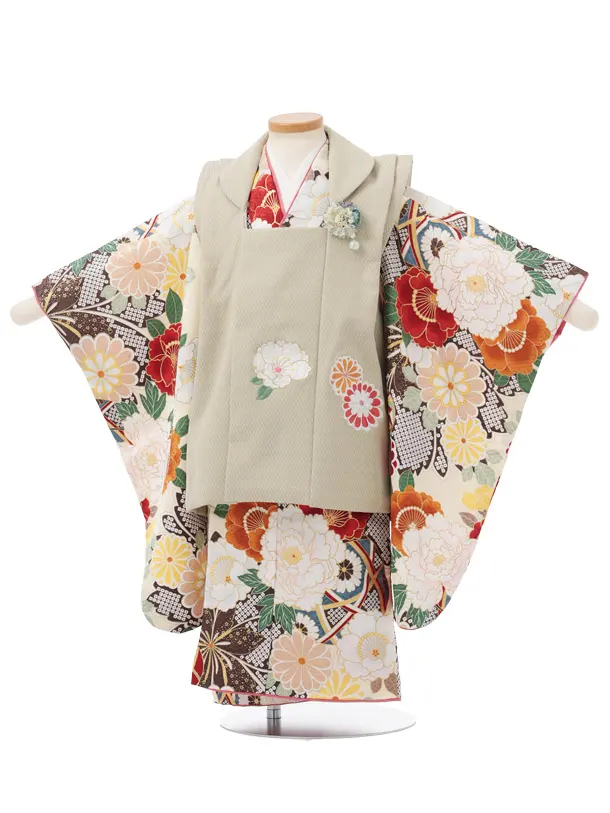 七五三レンタル(3歳女児被布)緑×クリーム色 牡丹 八重桜 J675