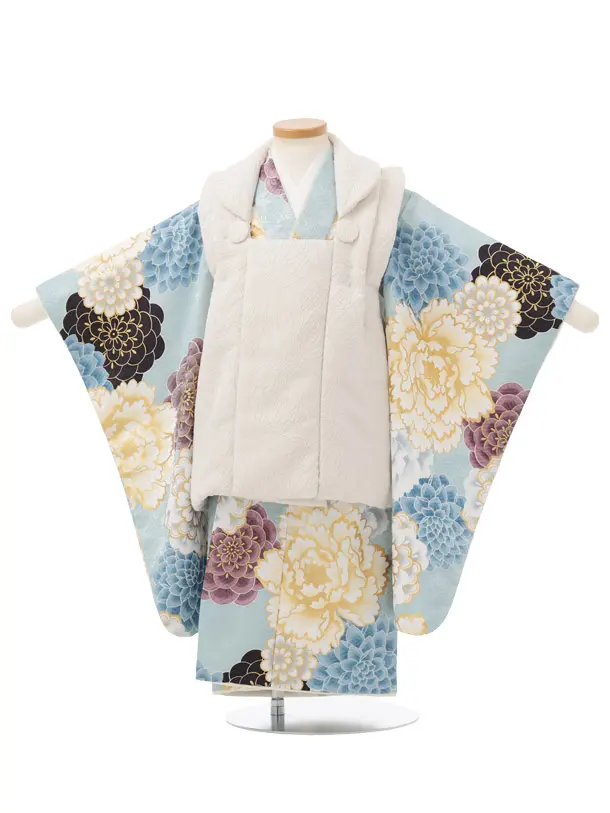 七五三レンタル(3歳女児被布)クリーム色×水色 菊牡丹 J676