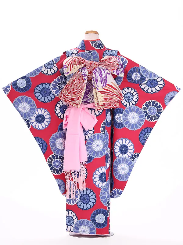 七五三レンタル(7歳女児結び帯) ／赤×菊 J735