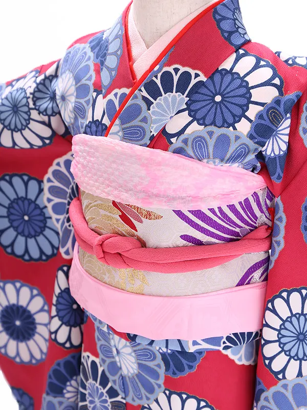 七五三レンタル(7歳女児結び帯) ／赤×菊 J735