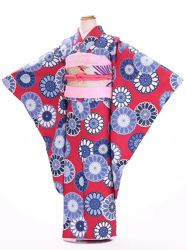 七五三レンタル(7歳女児結び帯) ／赤×菊 J735