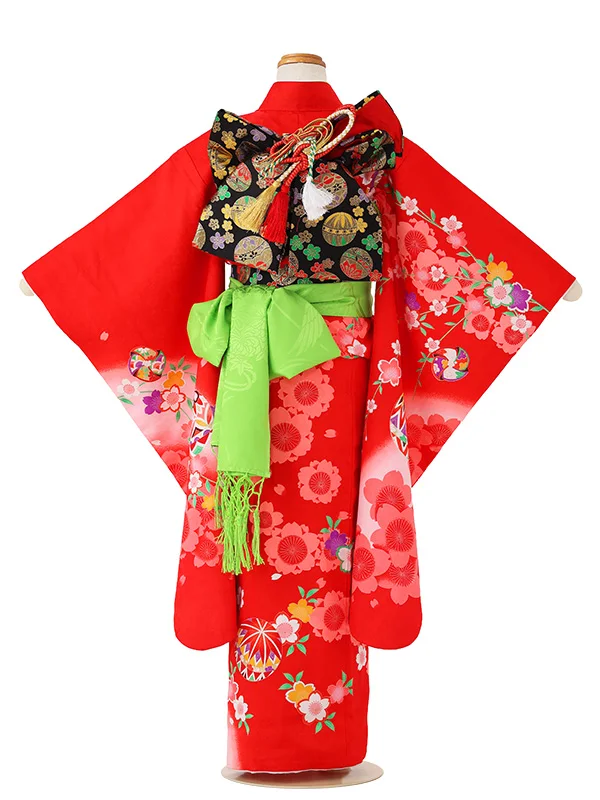 七五三レンタル(6歳7歳女児結び帯) ／赤×牡丹花車桜 J756