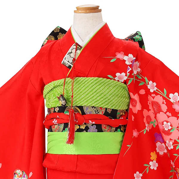 七五三レンタル(6歳7歳女児結び帯) ／赤×牡丹花車桜 J756