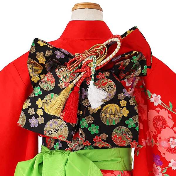 七五三レンタル(6歳7歳女児結び帯) ／赤×牡丹花車桜 J756