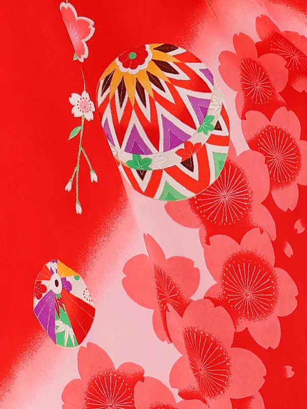 七五三レンタル(6歳7歳女児結び帯) ／赤×牡丹花車桜 J756