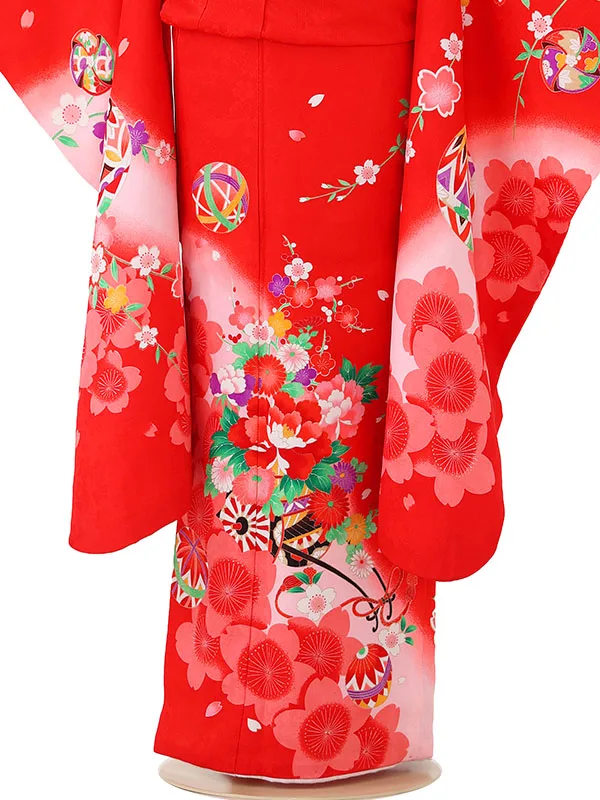 七五三レンタル(6歳7歳女児結び帯) ／赤×牡丹花車桜 J756