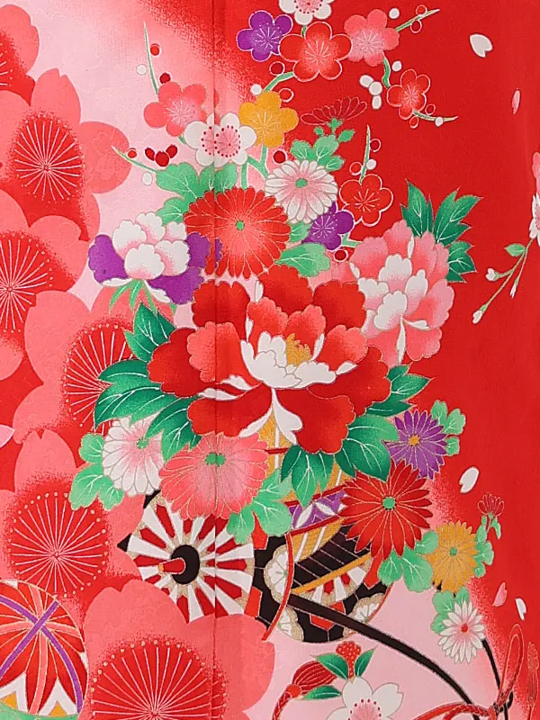 七五三レンタル(6歳7歳女児結び帯) ／赤×牡丹花車桜 J756