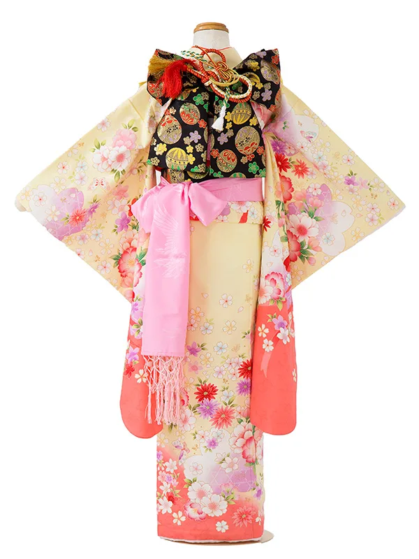 七五三レンタル(7歳女児結び帯) ／黄色×サーモンピンクぼかし八重桜 J772