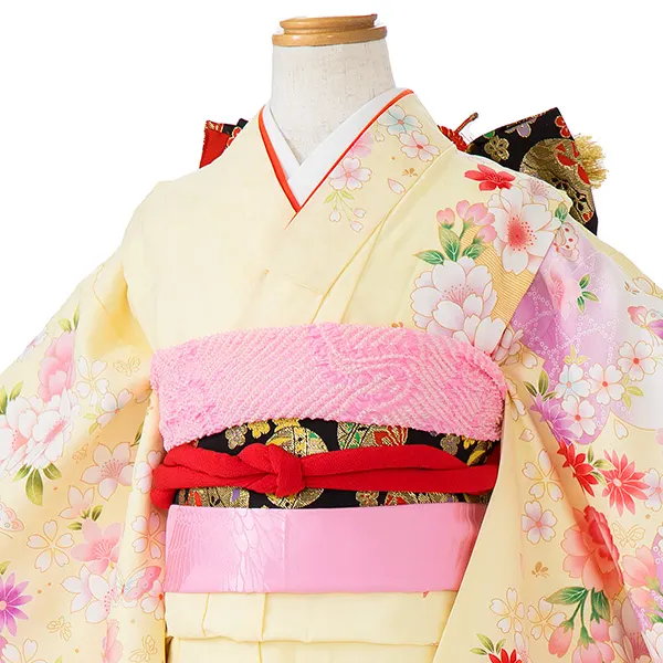七五三レンタル(7歳女児結び帯) ／黄色×サーモンピンクぼかし八重桜 J772