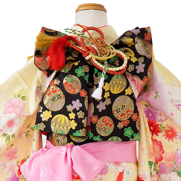 七五三レンタル(7歳女児結び帯) ／黄色×サーモンピンクぼかし八重桜 J772