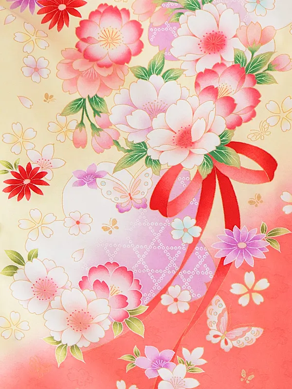 七五三レンタル(7歳女児結び帯) ／黄色×サーモンピンクぼかし八重桜 J772