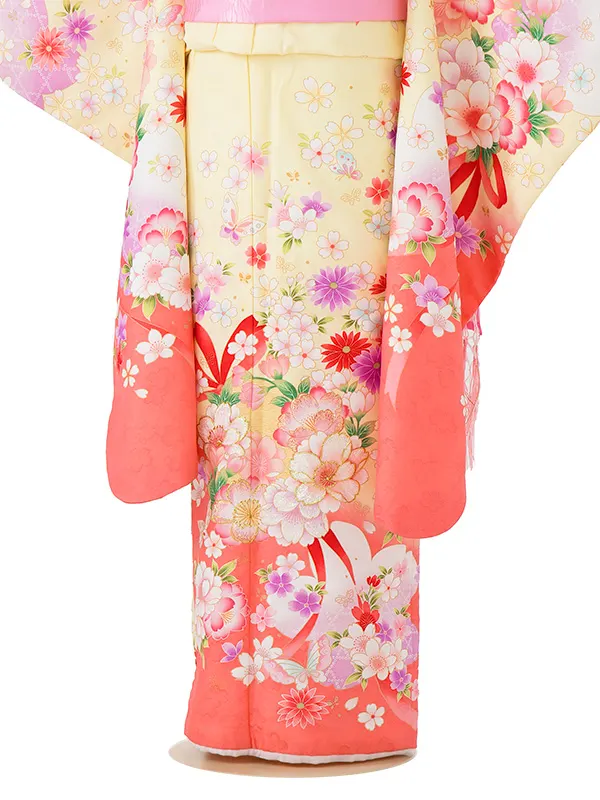 七五三レンタル(7歳女児結び帯) ／黄色×サーモンピンクぼかし八重桜 J772