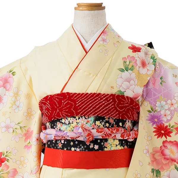 七五三レンタル(7歳女児結び帯) ／黄色×サーモンピンクぼかし八重桜 J774