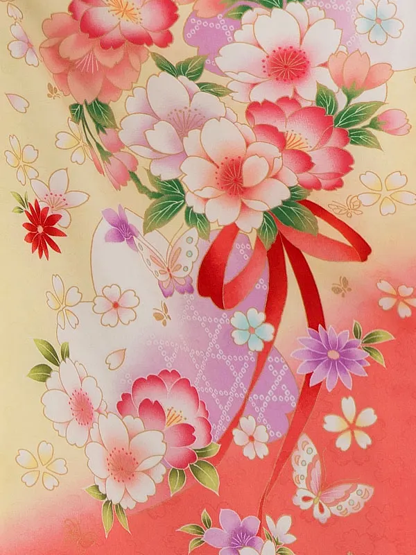 七五三レンタル(7歳女児結び帯) ／黄色×サーモンピンクぼかし八重桜 J774