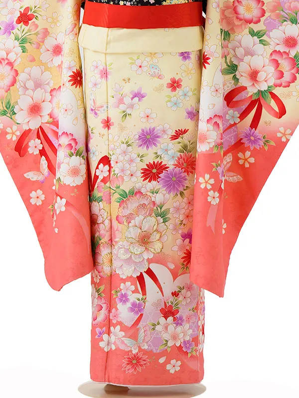 七五三レンタル(7歳女児結び帯) ／黄色×サーモンピンクぼかし八重桜 J774