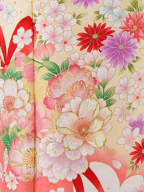 七五三レンタル(7歳女児結び帯) ／黄色×サーモンピンクぼかし八重桜 J774