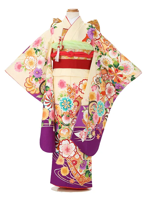 七五三レンタル(7歳女児結び帯)クリーム色×紫 熨斗に四季花 J967