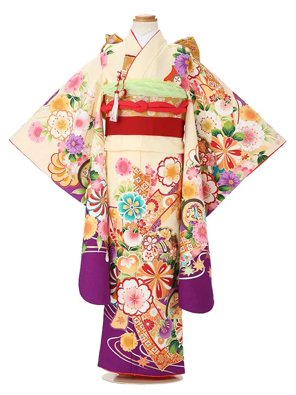 七五三レンタル(7歳女児結び帯)クリーム色×紫 熨斗に四季花 J967